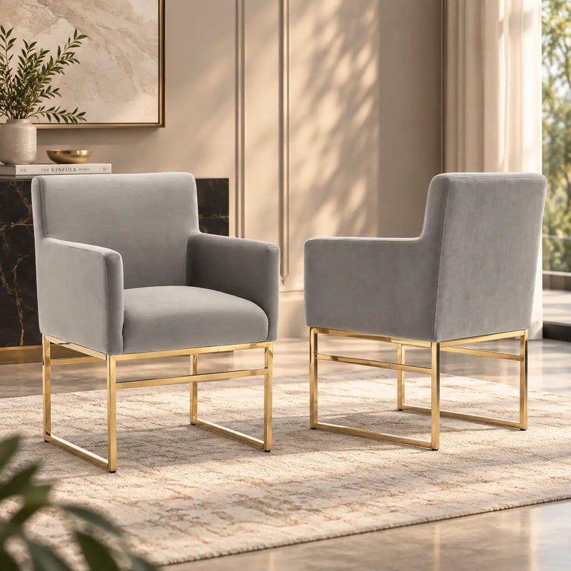 Luxury Grey Velvet Accent Armchair with Padded Arms & Golden Metal Frame