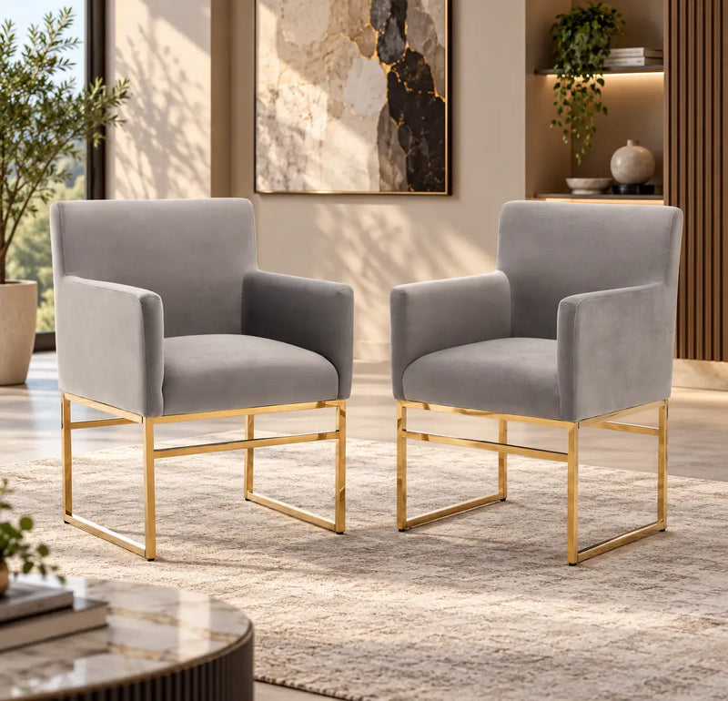 Luxury Grey Velvet Accent Armchair with Padded Arms & Golden Metal Frame