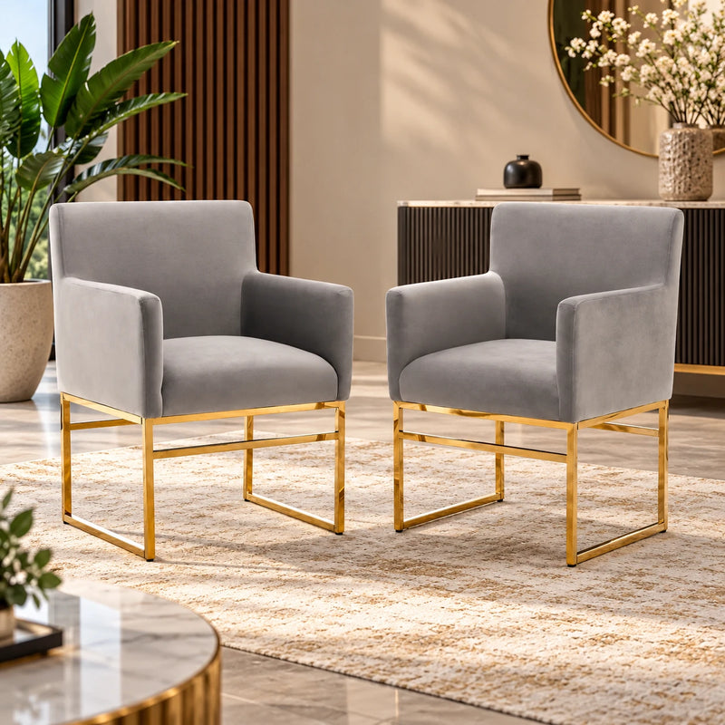 Luxury Grey Velvet Accent Armchair with Padded Arms & Golden Metal Frame