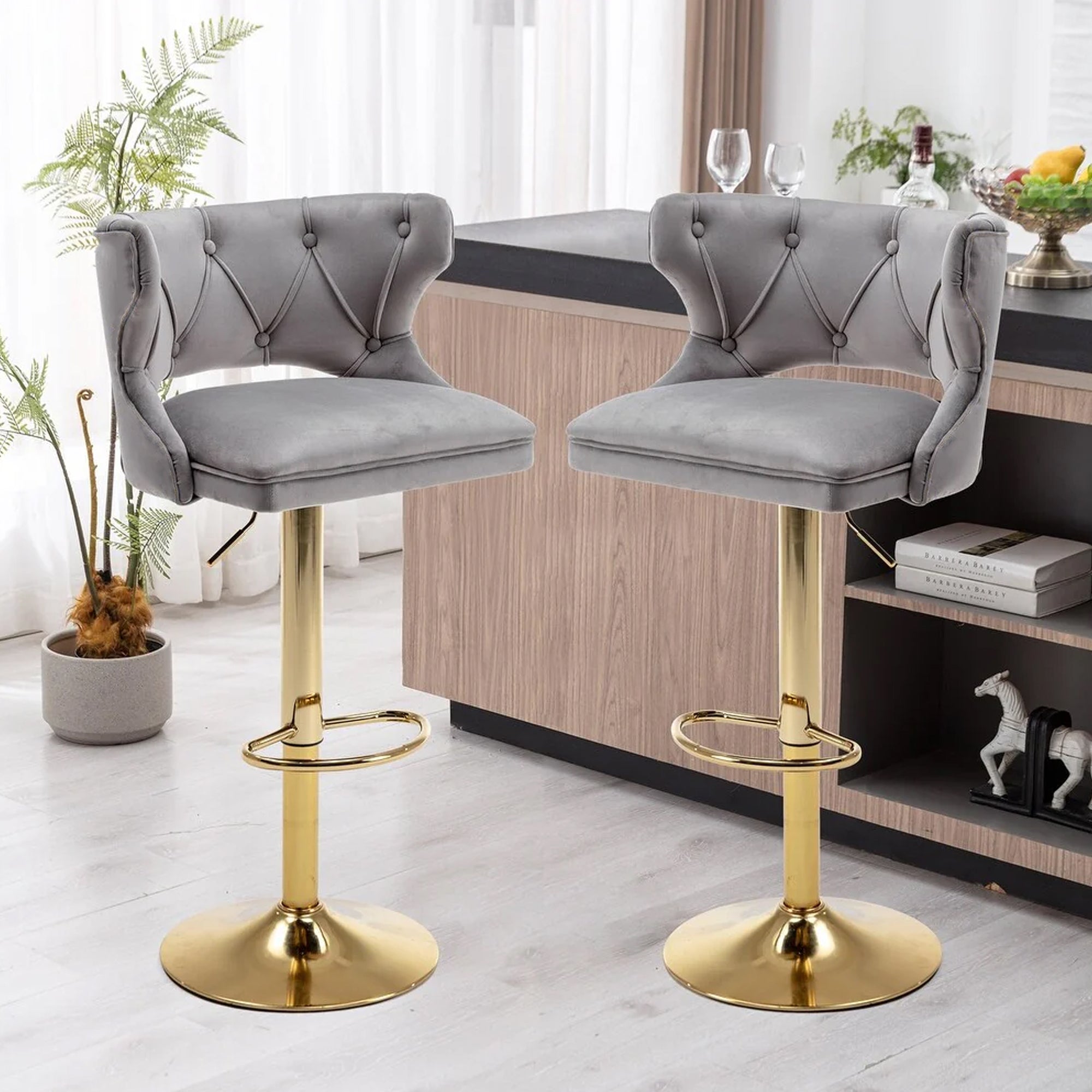 Luxury Grey Velvet Bar Lounge Chair with Gold Base