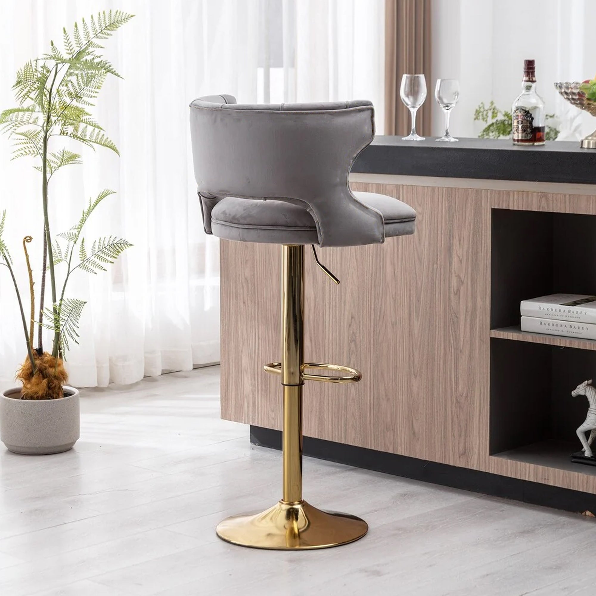 Luxury Grey Velvet Bar Lounge Chair with Gold Base