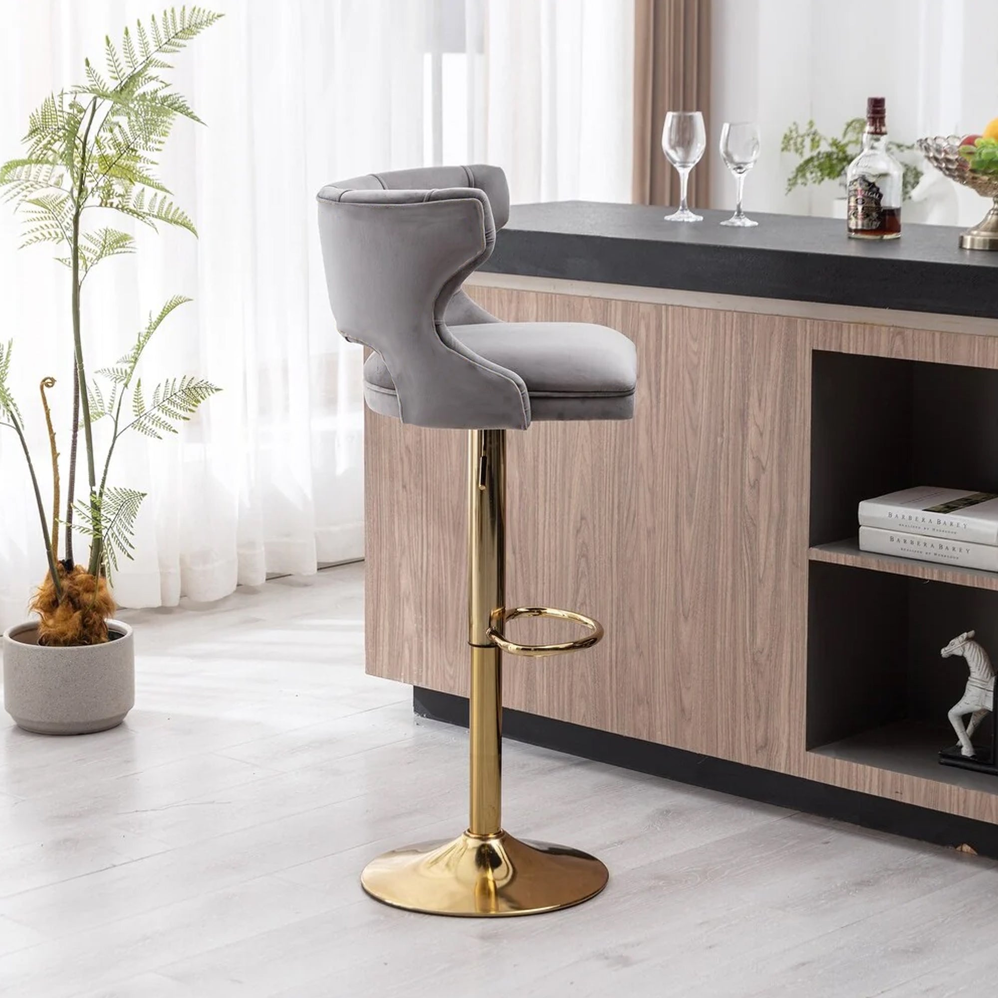 Luxury Grey Velvet Bar Lounge Chair with Gold Base