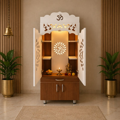 Luxury Home Temple with Doors Storage Cabinet Shelves and Om Symbol Back Panel