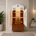 Luxury Home Temple with Doors Storage Cabinet Shelves and Om Symbol Back Panel