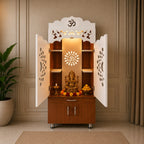 Luxury Home Temple with Doors Storage Cabinet Shelves and Om Symbol Back Panel