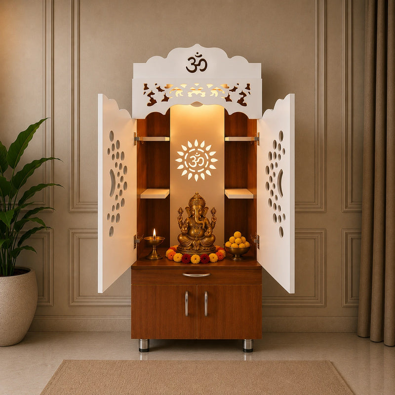 Luxury Home Temple with Doors Storage Cabinet Shelves and Om Symbol Back Panel