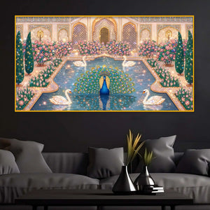 Luxury Indian Royal Palace Peacock Artwork Crystal Glass Wall Painting for Home Decoration