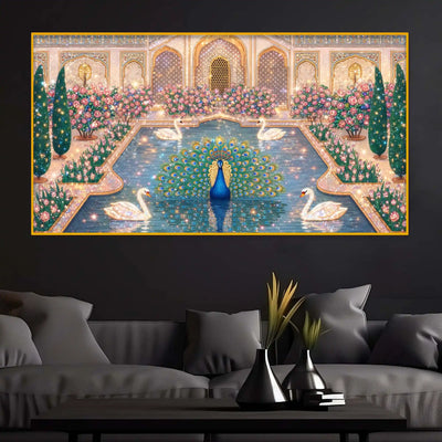Luxury Indian Royal Palace Peacock Artwork Crystal Glass Wall Painting for Home Decoration