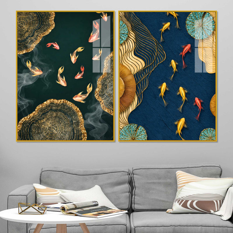 Luxury Japanese Koi Fish Premium Acrylic Floating Wall Painting Set of 2
