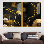 Luxury Koi Fish and Golden Tree Abstract Acrylic Floating Wall Painting Set of 2