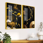 Luxury Koi Fish and Golden Tree Abstract Acrylic Floating Wall Painting Set of 2