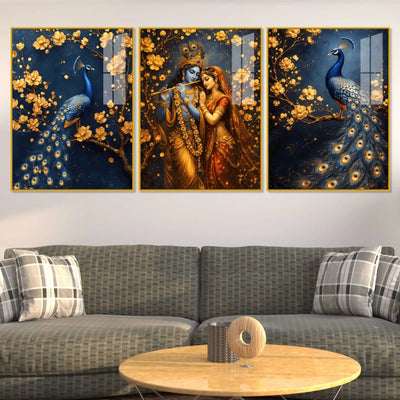 Luxury Krishna Radha and Peacock Acrylic Painting Set of 3