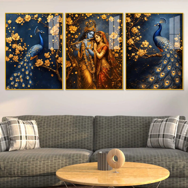 Luxury Krishna Radha and Peacock Acrylic Painting Set of 3