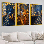 Luxury Krishna Radha and Peacock Acrylic Painting Set of 3