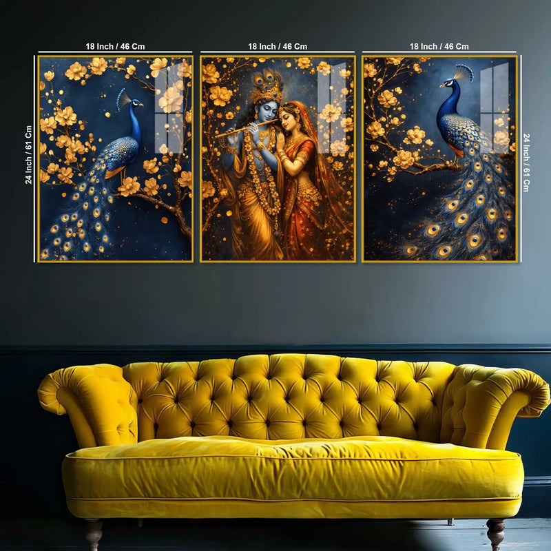 Luxury Krishna Radha and Peacock Acrylic Painting Set of 3