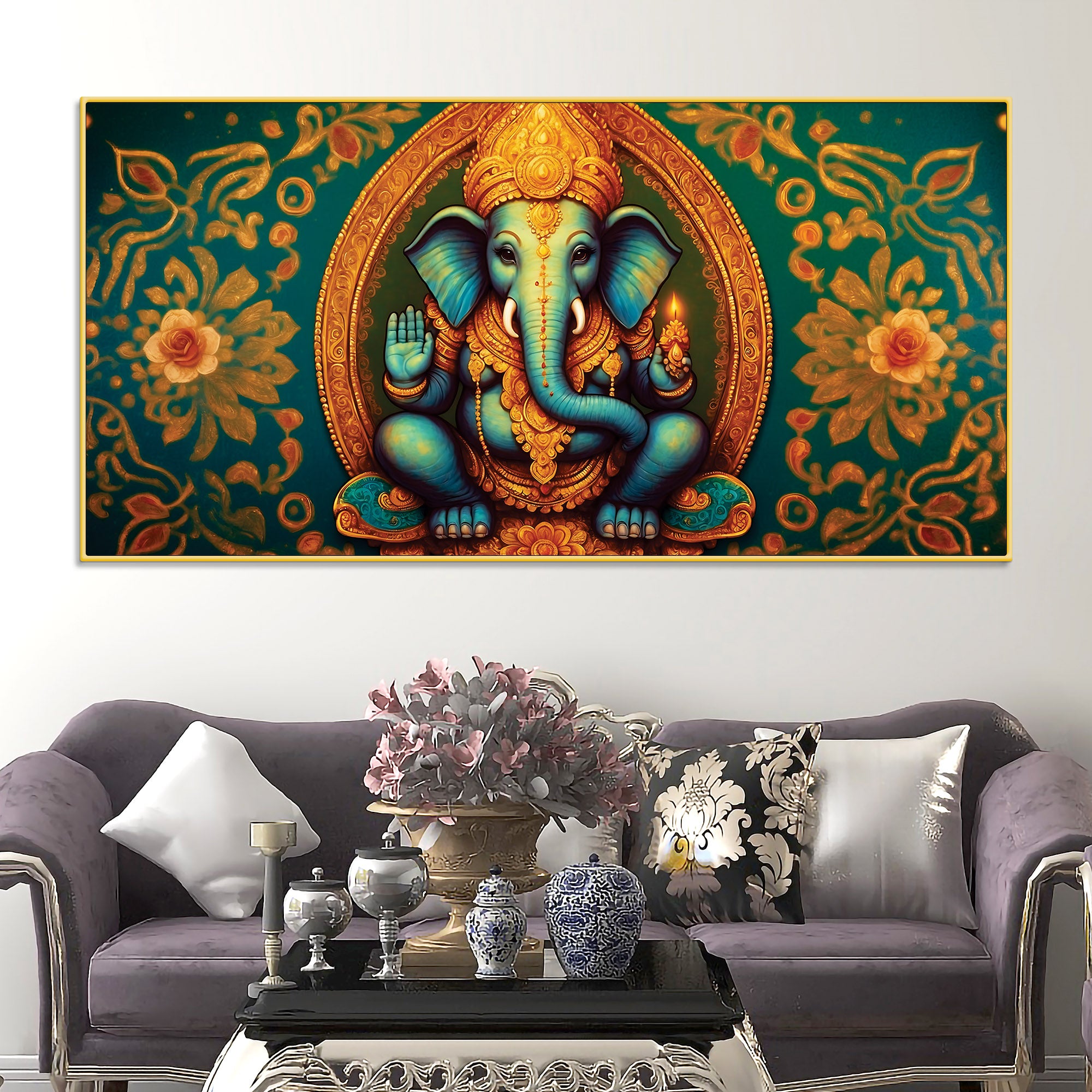 Luxury Lord Ganesha Floral Wall Art Canvas Wall Painting for Home & Office – Elegant Spiritual Wall Décor
