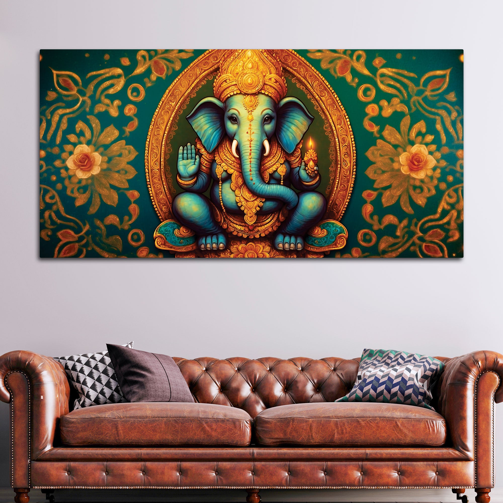 Luxury Lord Ganesha Floral Wall Art Canvas Wall Painting for Home & Office – Elegant Spiritual Wall Décor