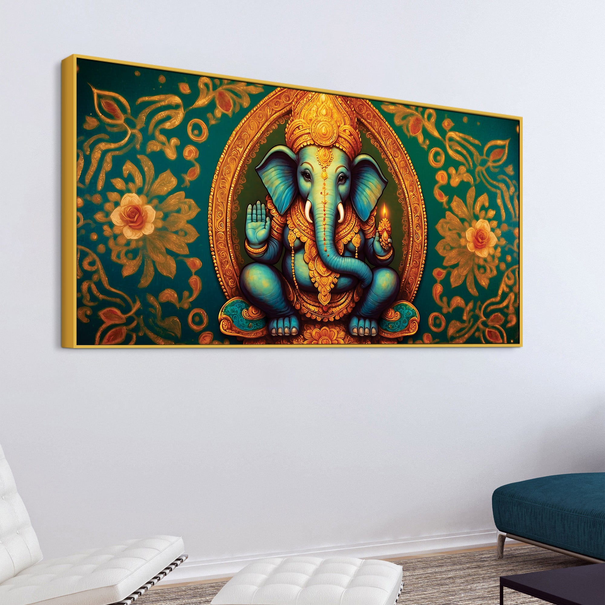 Luxury Lord Ganesha Floral Wall Art Canvas Wall Painting for Home & Office – Elegant Spiritual Wall Décor