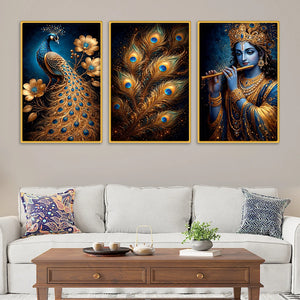 Luxury Lord Krishna Peacock Canvas Wall Painting Set of Three