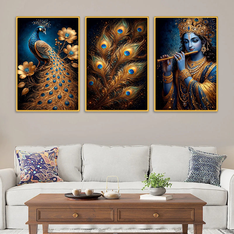 Luxury Lord Krishna Peacock Canvas Wall Painting Set of Three