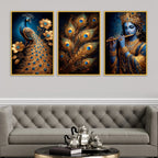 Luxury Lord Krishna Peacock Canvas Wall Painting Set of Three