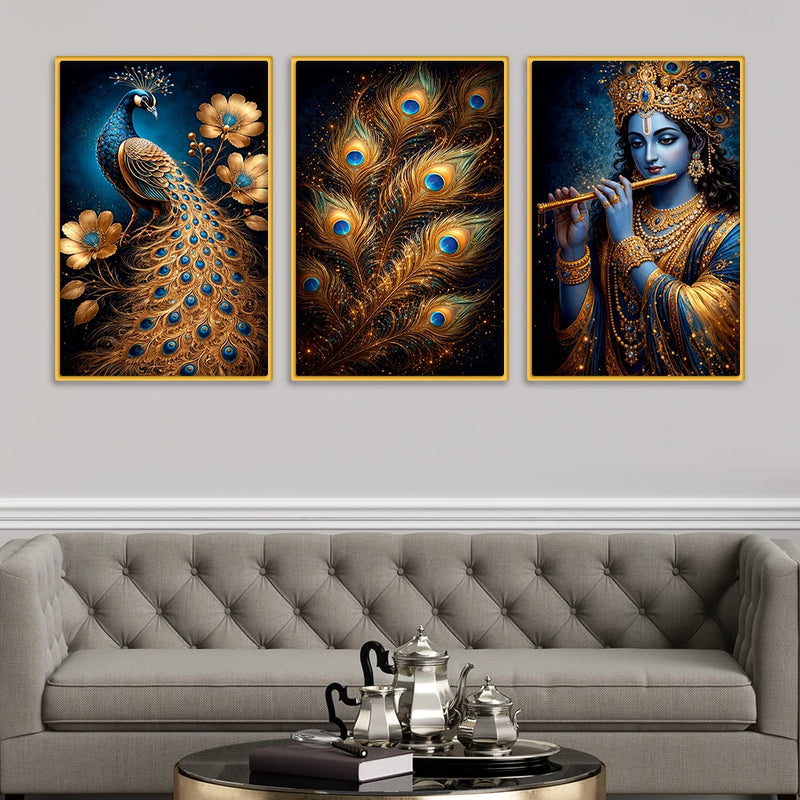 Luxury Lord Krishna Peacock Canvas Wall Painting Set of Three