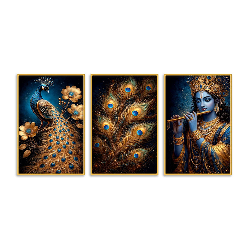 Luxury Lord Krishna Peacock Canvas Wall Painting Set of Three