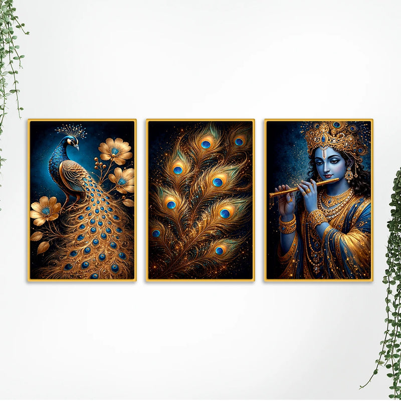 Luxury Lord Krishna Peacock Canvas Wall Painting Set of Three