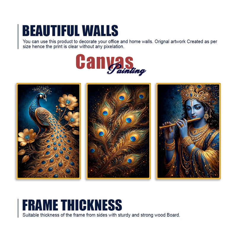 Luxury Lord Krishna Peacock Canvas Wall Painting Set of Three