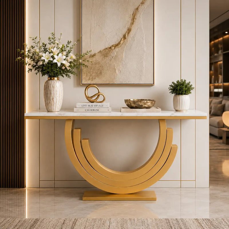 Luxury Marble and Gold Console Table Stunning Arch Design for Spacious Entryways