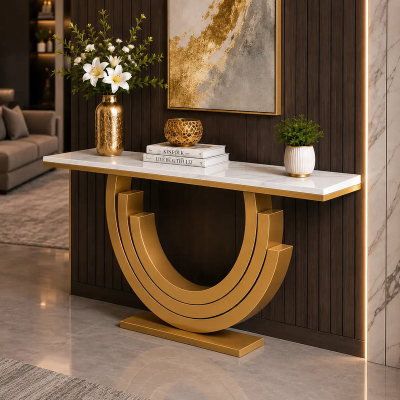 Luxury Marble and Gold Console Table Stunning Arch Design for Spacious Entryways