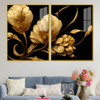Luxury Metallic Golden Blossom Premium Acrylic Floating Wall Painting Set of 2