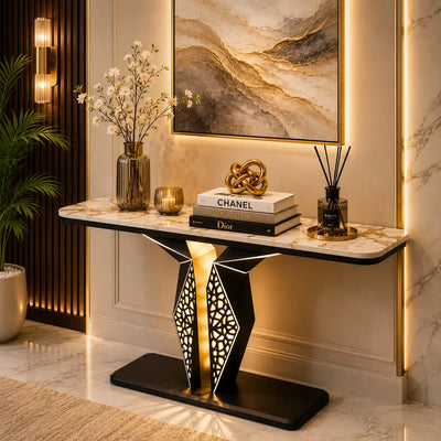 Luxury Modern LED Console Table | Designer Entryway Table with Geometric Base (SS 302)