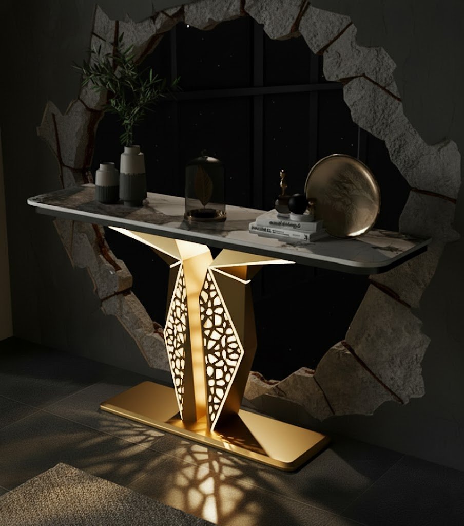 Luxury Modern LED Console Table | Designer Entryway Table with Geometric Base