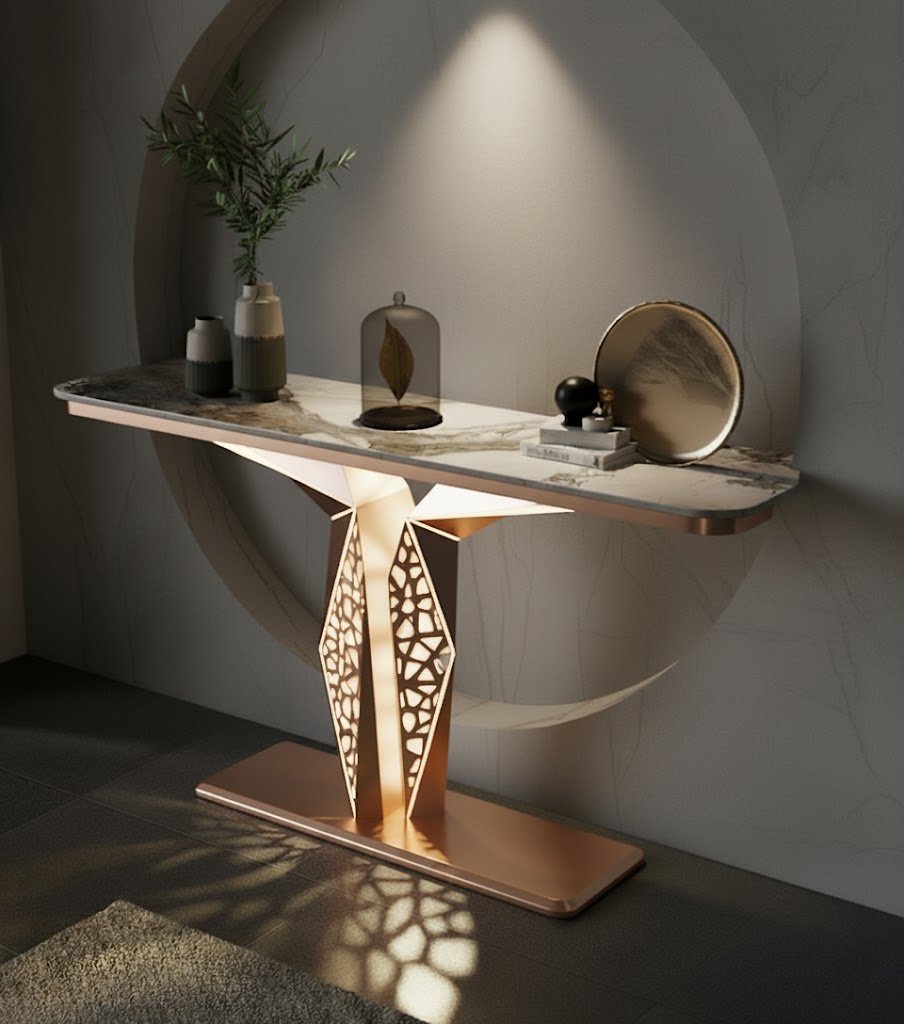 Luxury Modern LED Console Table | Designer Entryway Table with Geometric Base