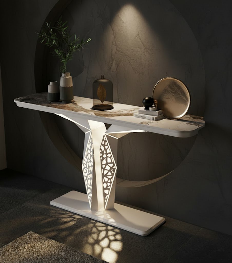 Luxury Modern LED Console Table | Designer Entryway Table with Geometric Base