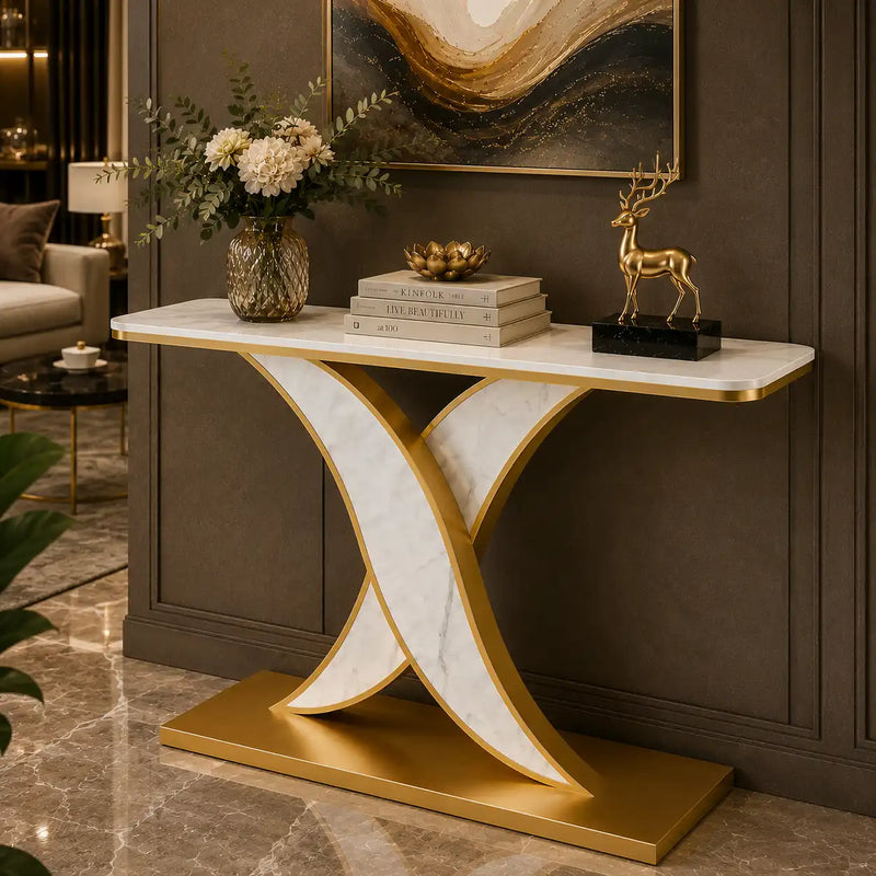 Luxury Modern Marble Console Table with Gold X-Base