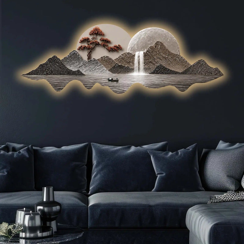 Luxury Mountain Cascade Art Premium Crystal Glass Backlit LED Wall Art