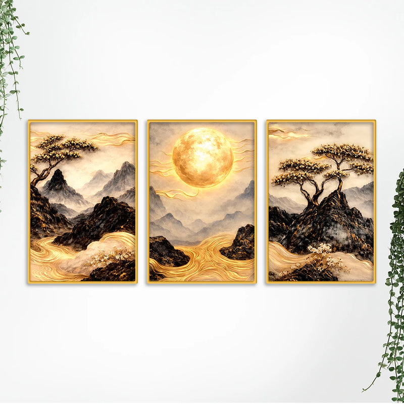 Luxury Mountain Scenery Canvas Wall Art Painting Set of Three