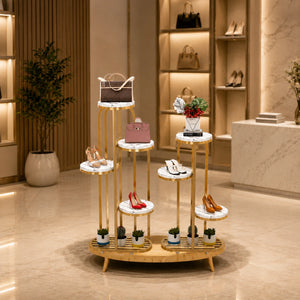 Luxury Multi-Tier Display Shoe Stand with Marble Top and Gold Frame