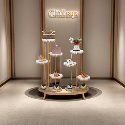 Luxury Multi-Tier Display Shoe Stand with Marble Top and Gold Frame