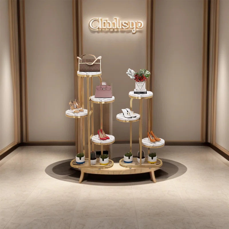 Luxury Multi-Tier Display Shoe Stand with Marble Top and Gold Frame