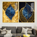 Luxury Nature Inspired Golden & Blue Leaf Acrylic Floating Wall Painting Set of 2