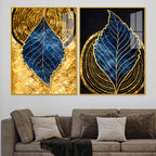 Luxury Nature Inspired Golden & Blue Leaf Acrylic Floating Wall Painting Set of 2