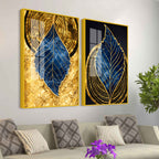 Luxury Nature Inspired Golden & Blue Leaf Acrylic Floating Wall Painting Set of 2