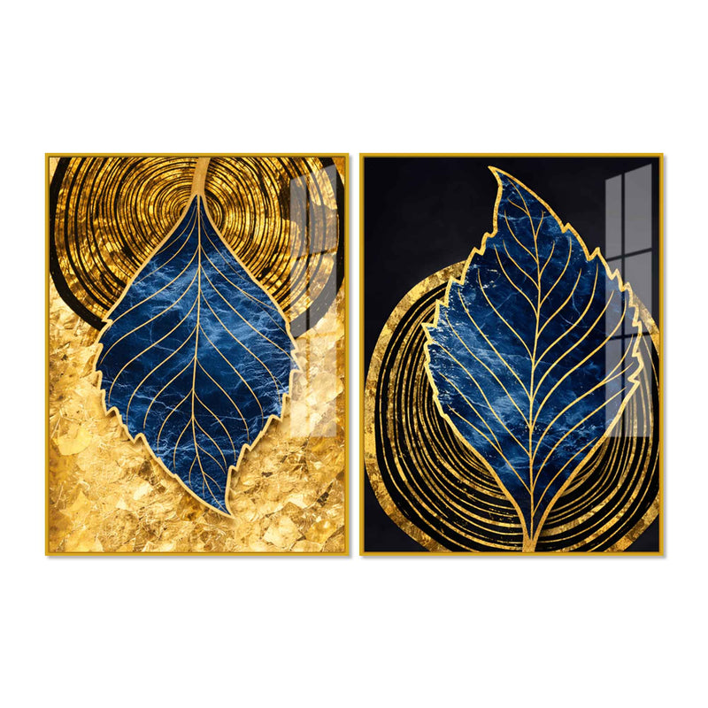 Luxury Nature Inspired Golden & Blue Leaf Acrylic Floating Wall Painting Set of 2