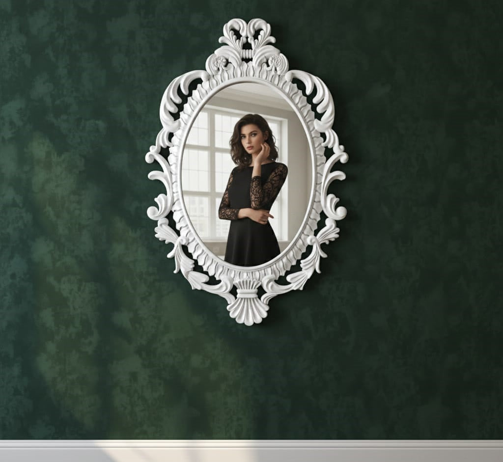 Luxury Oval 3D Wall Mirror with Handcrafted White Ornate Frame