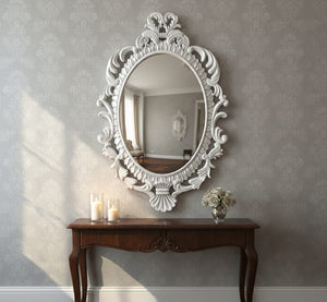 Luxury Oval 3D Wall Mirror with Handcrafted White Ornate Frame