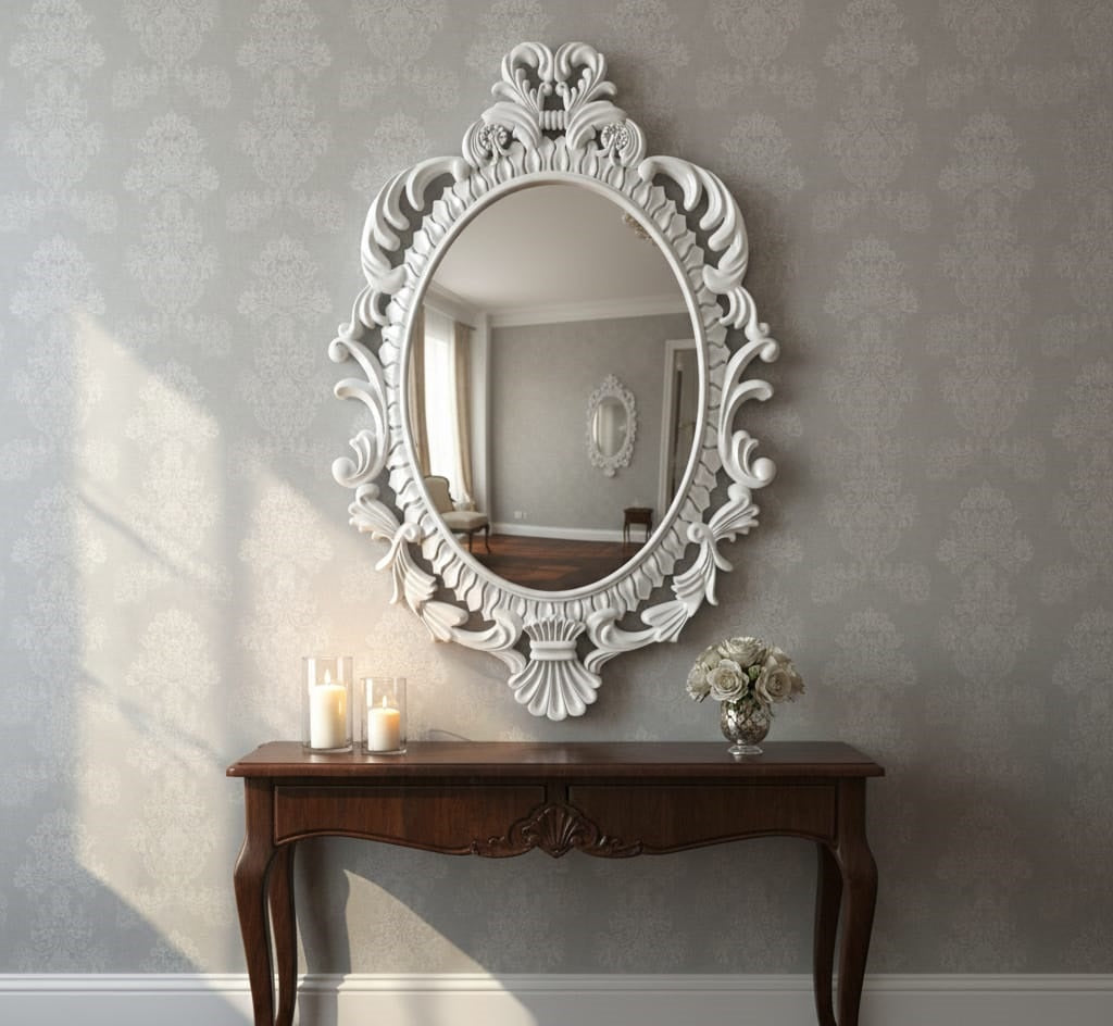 Luxury Oval Wall Mirror with Handcrafted White Ornate Frame