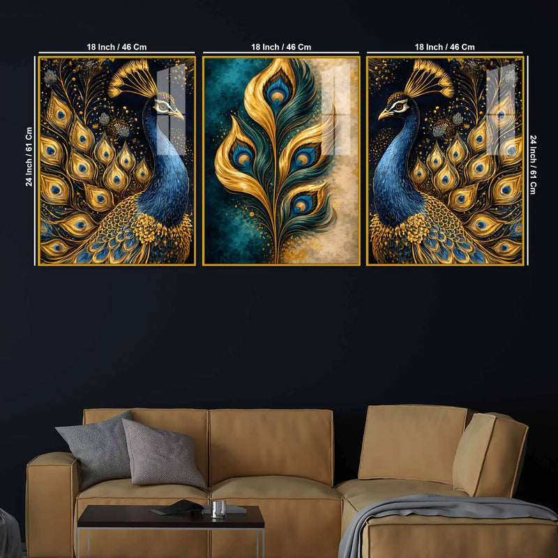Luxury Peacock Feather Floating Acrylic Wall Painting Set of 3